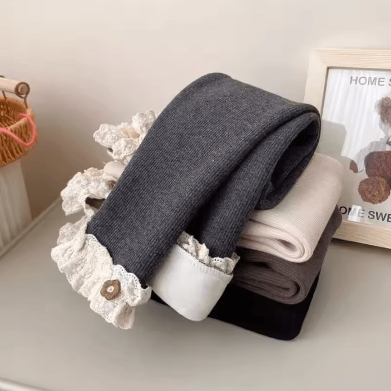 Cozy Lace Flower Baby Girls Thermal Leggings Soft Stretch Toddler Girl Leggings For Warm Winter A 1