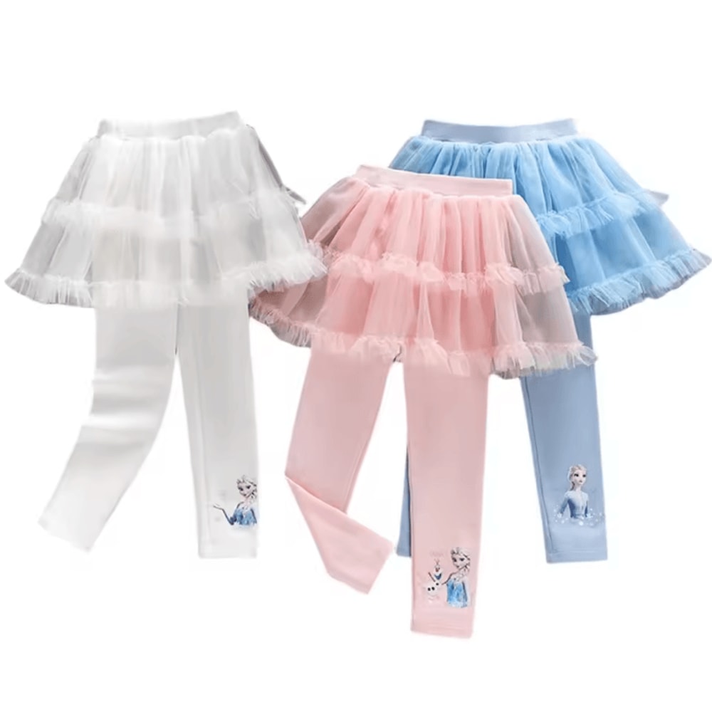 Magical Frozen Elsa Tulle Leggings For Girls Soft Stretch Girls Princess Leggings With Cute Skirt 0