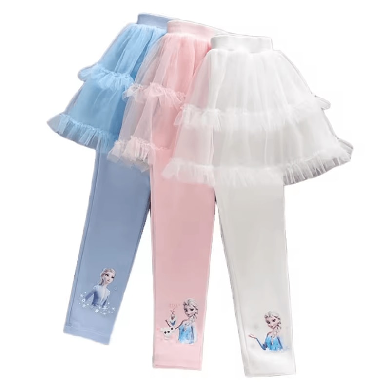 Magical Frozen Elsa Tulle Leggings For Girls Soft Stretch Girls Princess Leggings With Cute Skirt 1