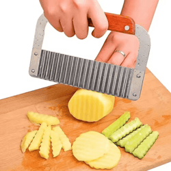 chefwave stainless steel crinkle cutter knife – wooden handle wavy potato cutter
