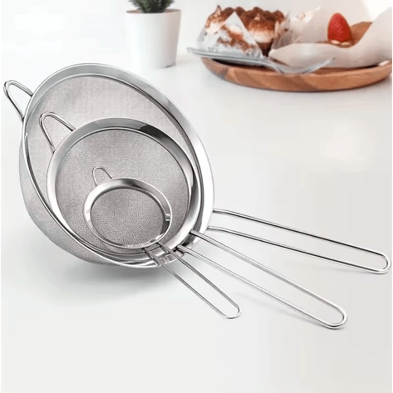 BakePro Stainless Steel Fine Mesh Strainer Set 3 Piece Flour Sifter Strainer With Handle For Baking 1