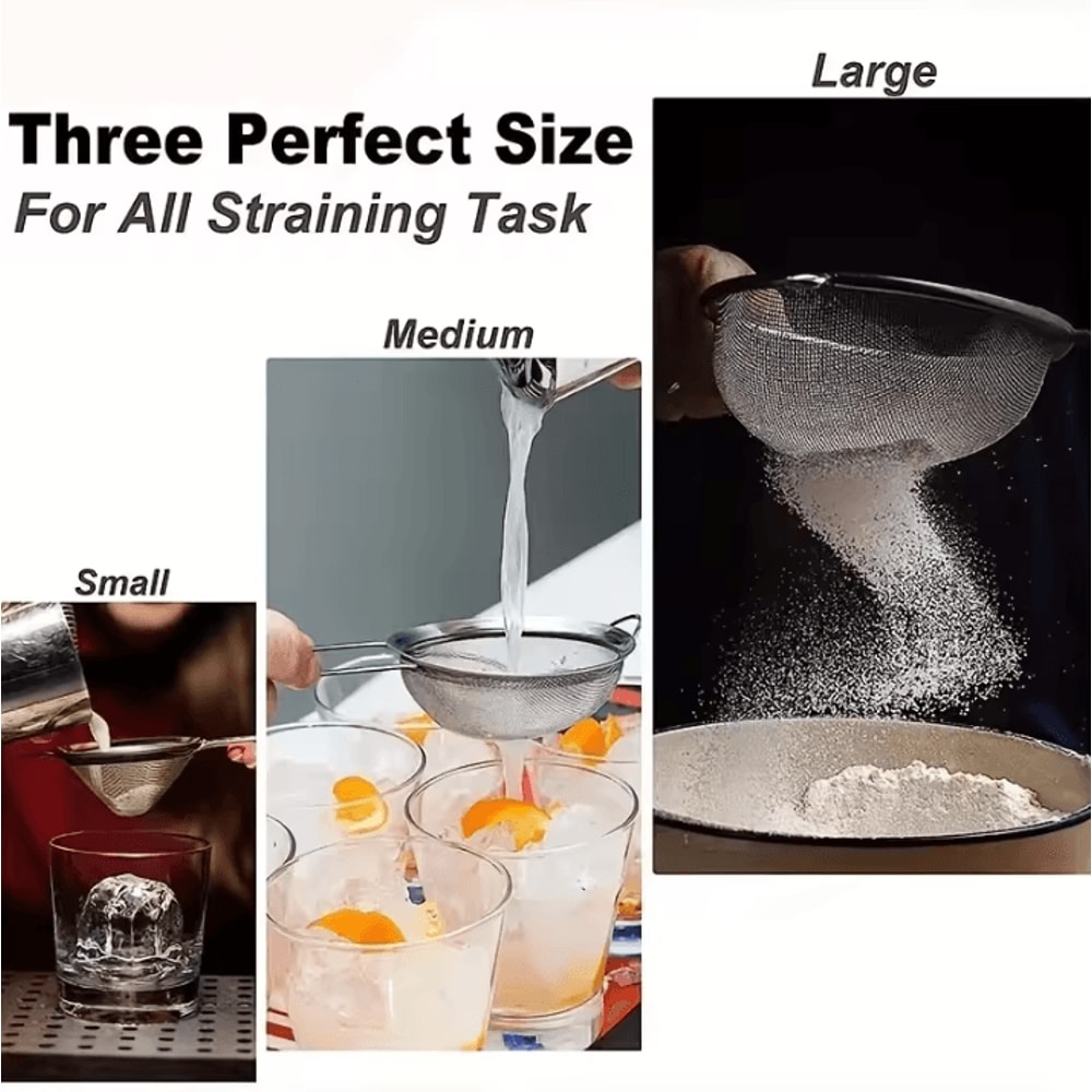 BakePro Stainless Steel Fine Mesh Strainer Set 3 Piece Flour Sifter Strainer With Handle For Baking 3