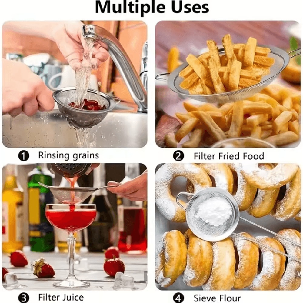 BakePro Stainless Steel Fine Mesh Strainer Set 3 Piece Flour Sifter Strainer With Handle For Baking 4