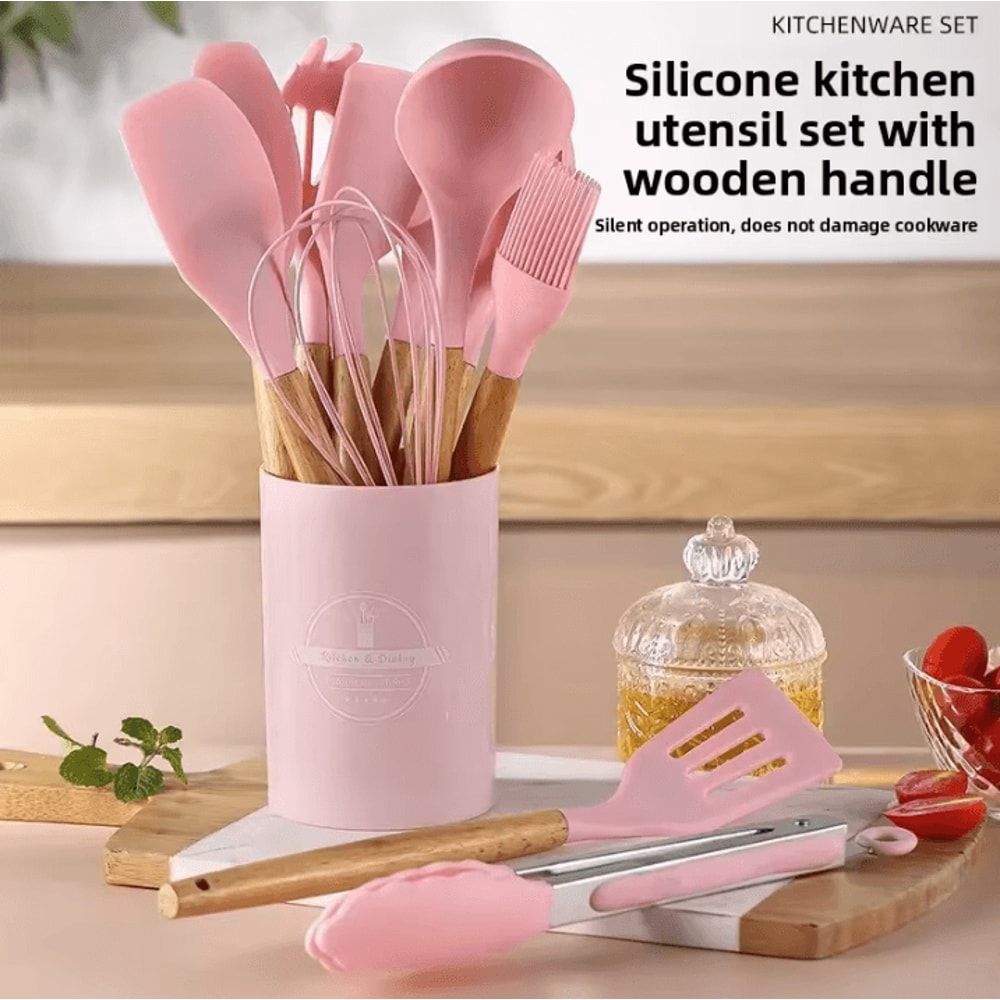 ProChef Silicone Kitchen Utensils Set 12 Piece Nonstick Cooking Utensils Set With Wooden Handle 0