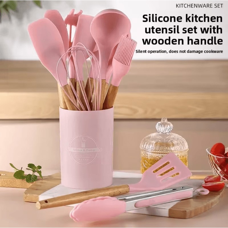ProChef Silicone Kitchen Utensils Set 12 Piece Nonstick Cooking Utensils Set With Wooden Handle 0