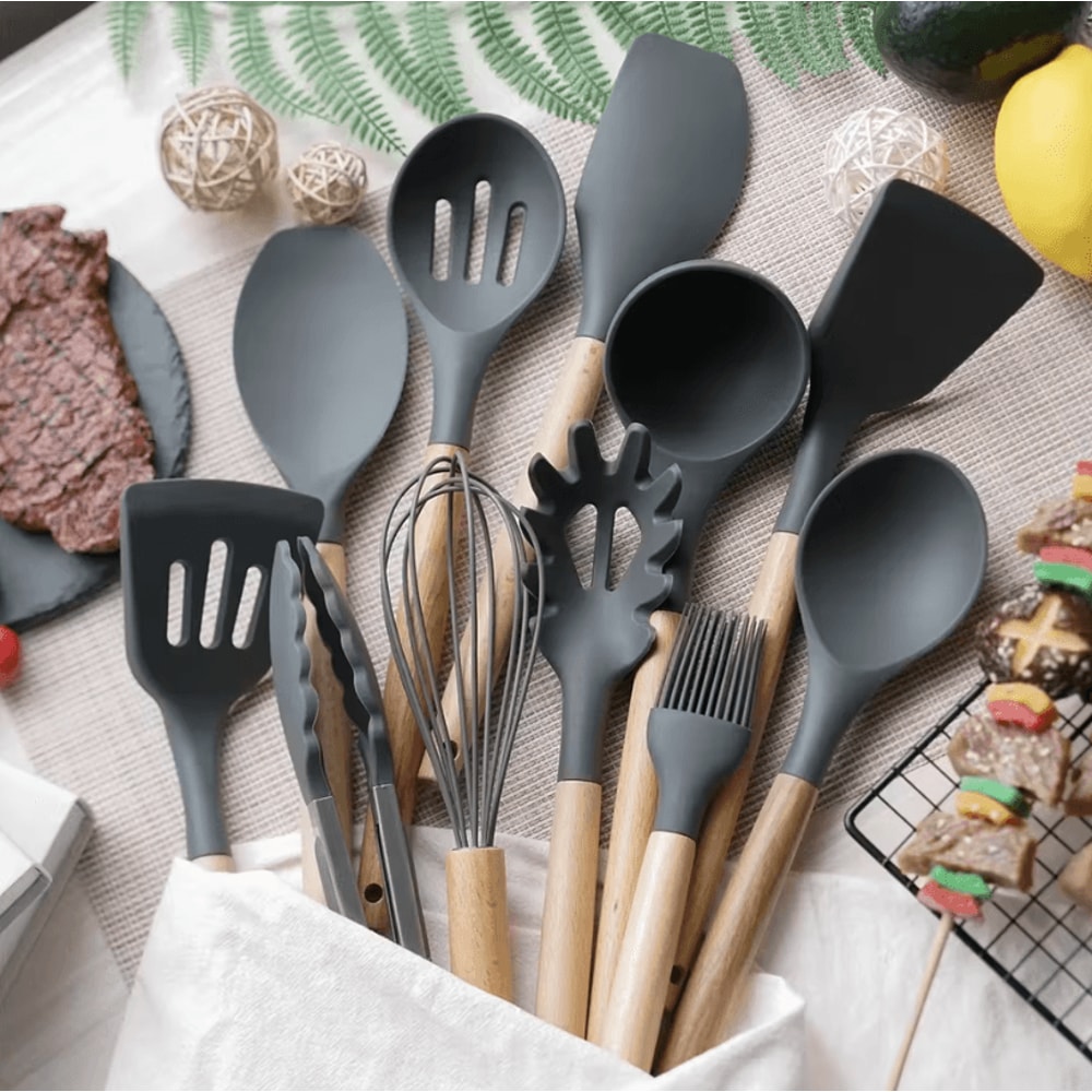 ProChef Silicone Kitchen Utensils Set 12 Piece Nonstick Cooking Utensils Set With Wooden Handle 2