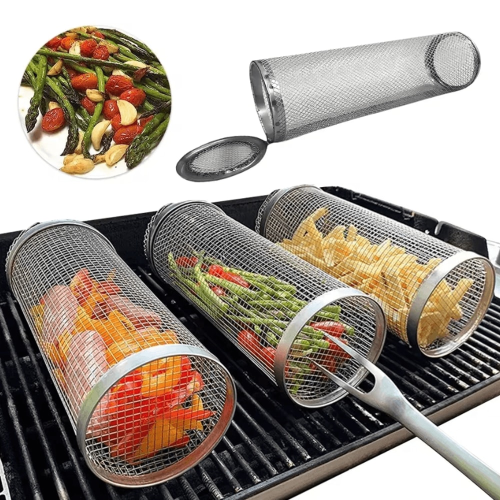 Circular Stainless Steel BBQ Rolling Basket Portable Wire Mesh Grill Basket For Camping Outdoor B 0
