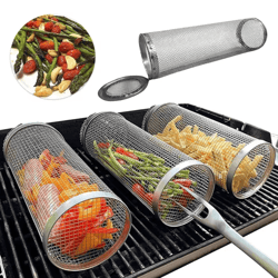 circular stainless steel bbq rolling basket – portable wire mesh grill basket for camping & outdoor barbecues