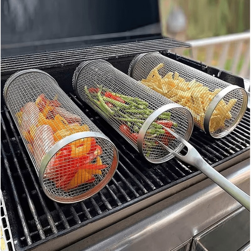 Circular Stainless Steel BBQ Rolling Basket Portable Wire Mesh Grill Basket For Camping Outdoor B 1