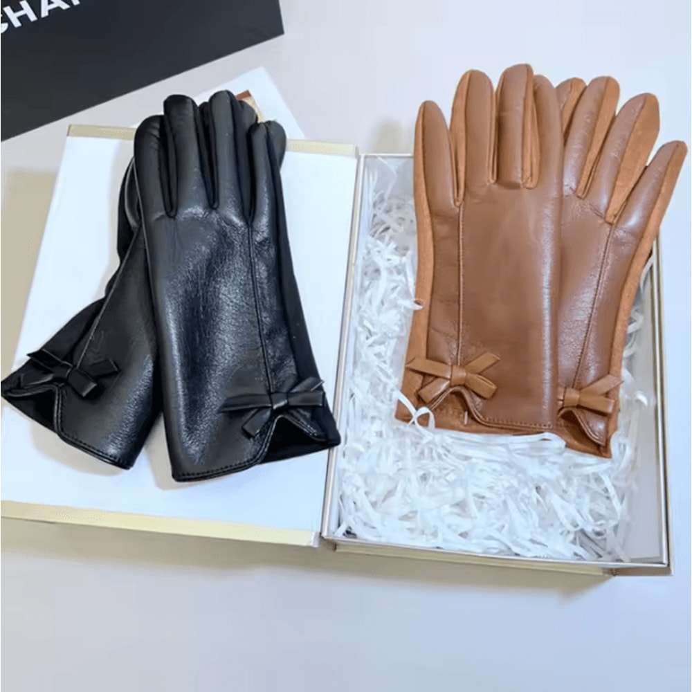 Womens Winter PU Leather Touchscreen Gloves Warm Driving Gloves With Elegant Bow 0