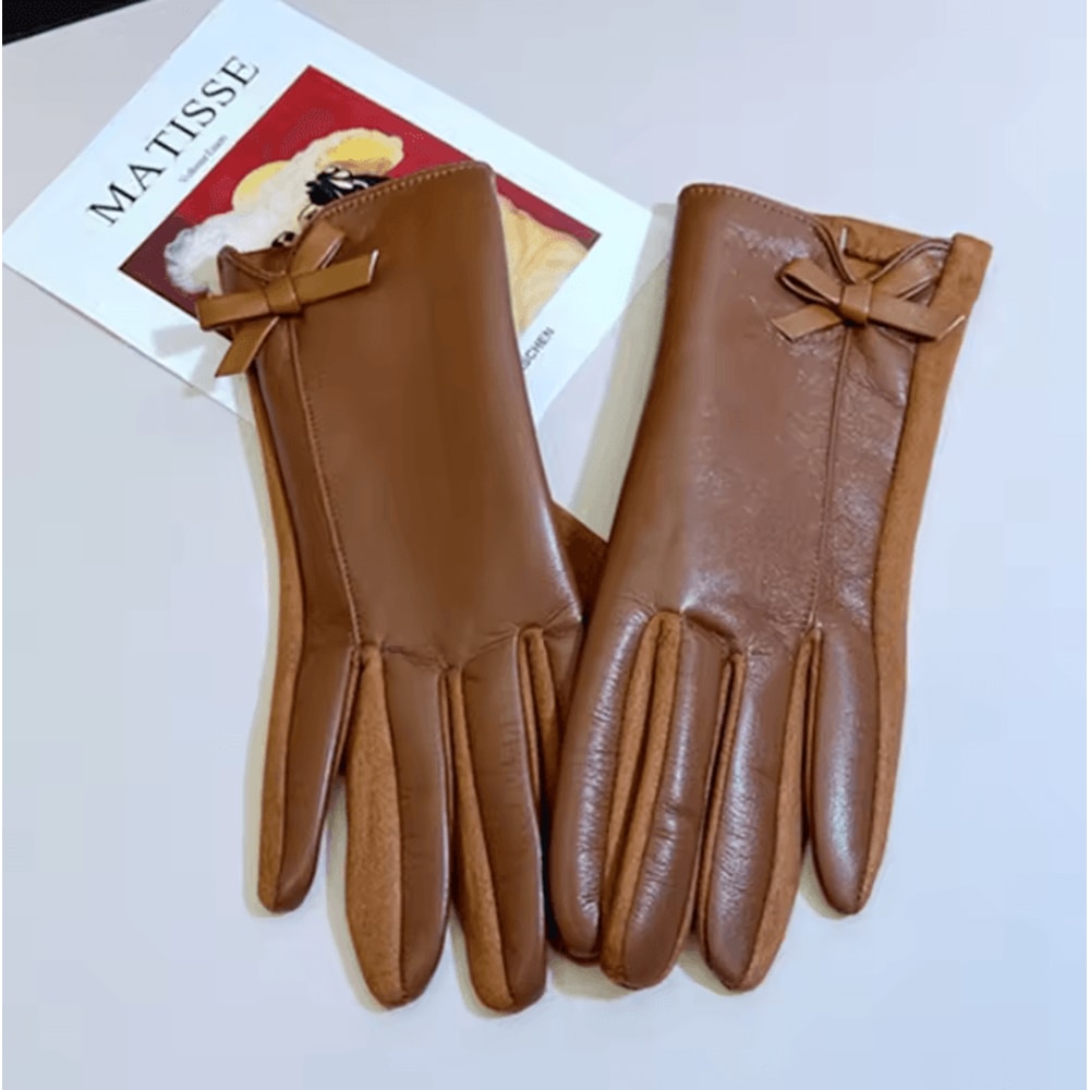 Womens Winter PU Leather Touchscreen Gloves Warm Driving Gloves With Elegant Bow 2