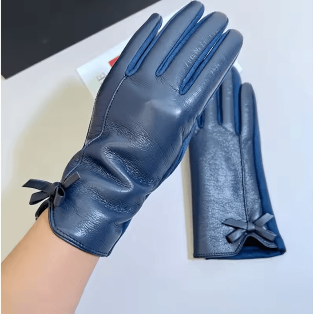 Womens Winter PU Leather Touchscreen Gloves Warm Driving Gloves With Elegant Bow 3