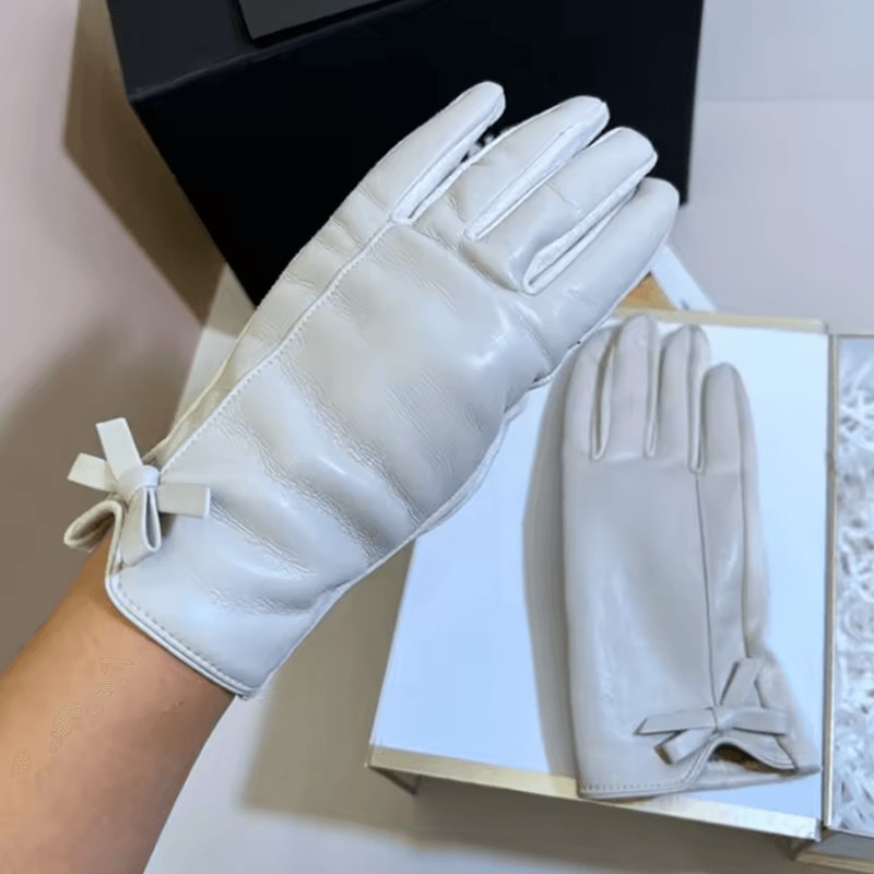 Womens Winter PU Leather Touchscreen Gloves Warm Driving Gloves With Elegant Bow 4