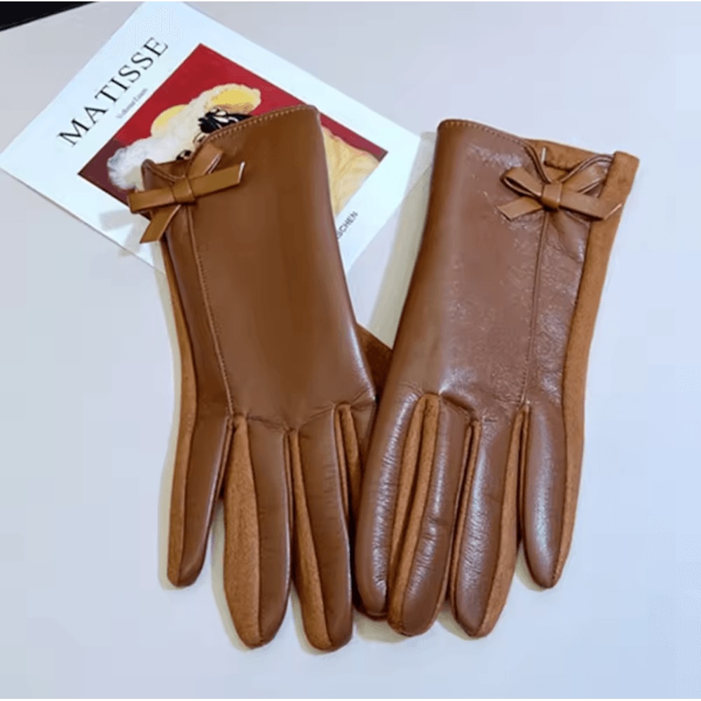 Womens Winter PU Leather Touchscreen Gloves Warm Driving Gloves With Elegant Bow 6
