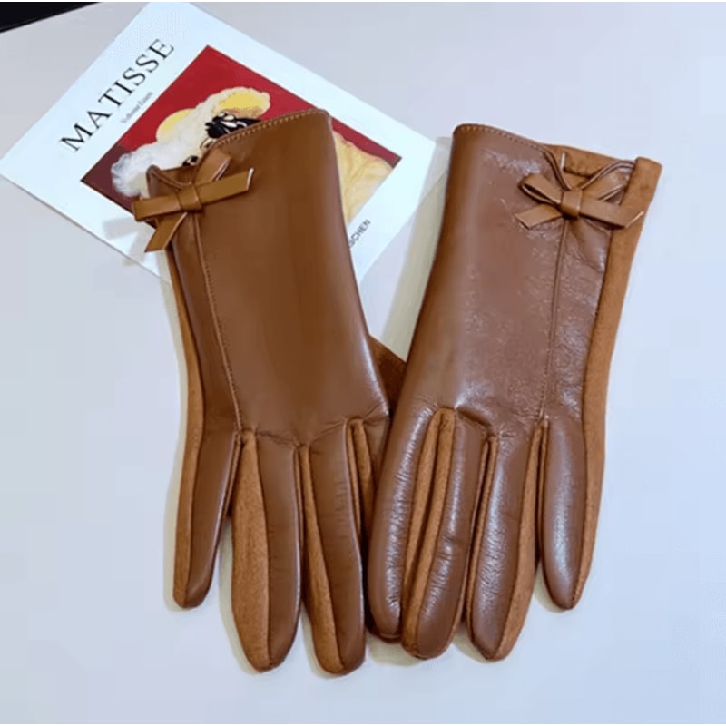 Womens Winter PU Leather Touchscreen Gloves Warm Driving Gloves With Elegant Bow 6