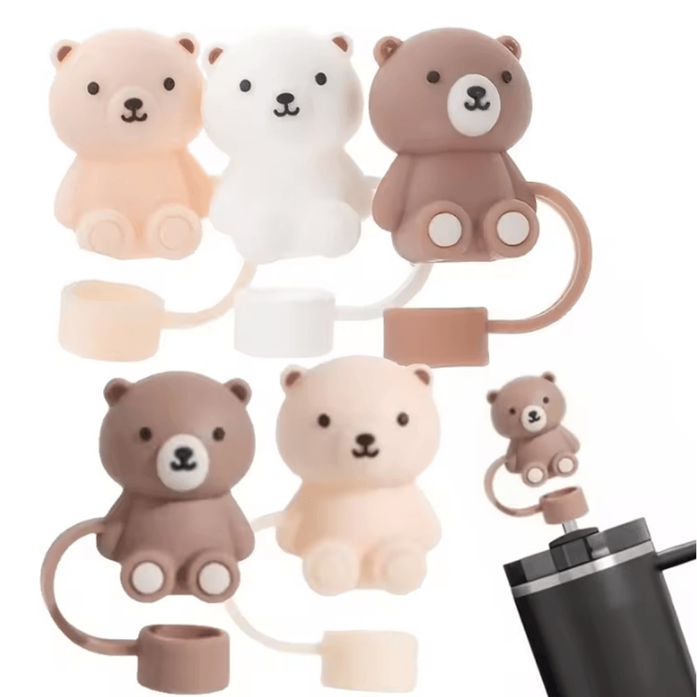 Cute Teddy Bear Silicone Straw Cover For Stanley Cup 10mm Reusable DustProof Straw Topper 2