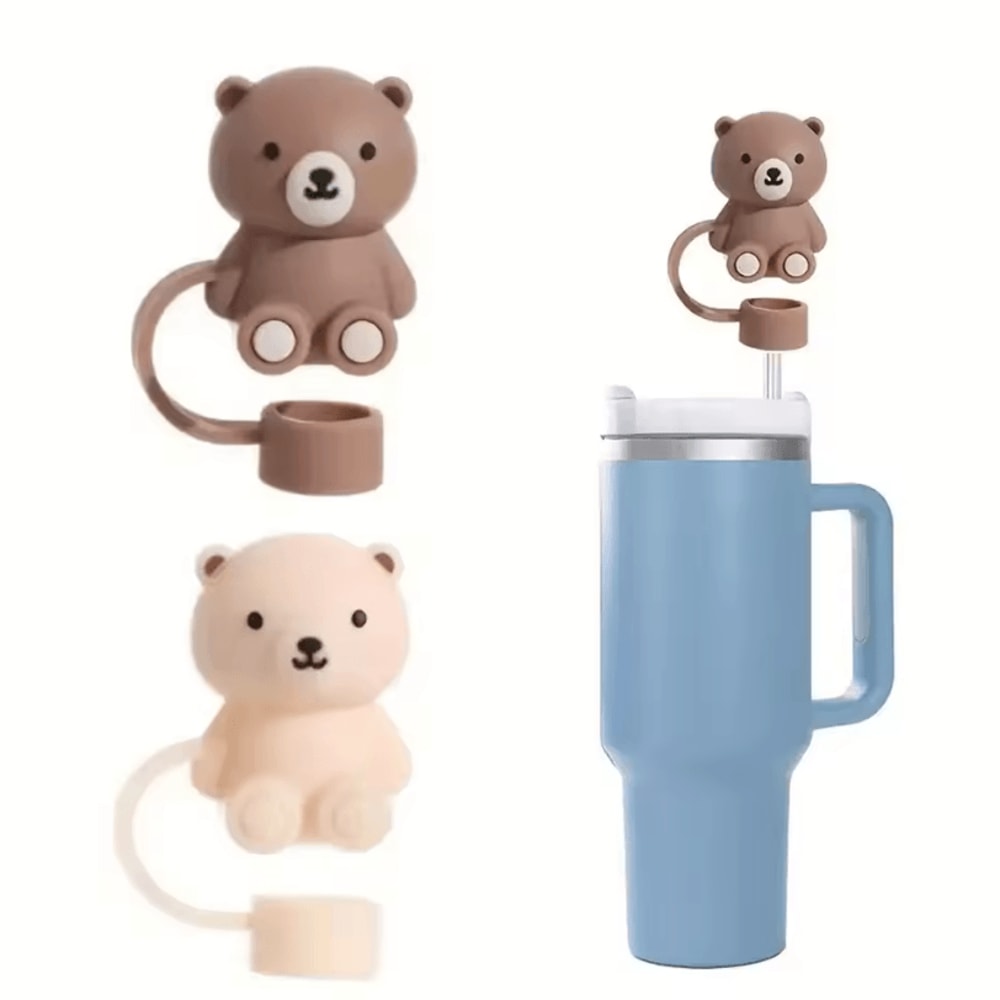 Cute Teddy Bear Silicone Straw Cover For Stanley Cup 10mm Reusable DustProof Straw Topper 3