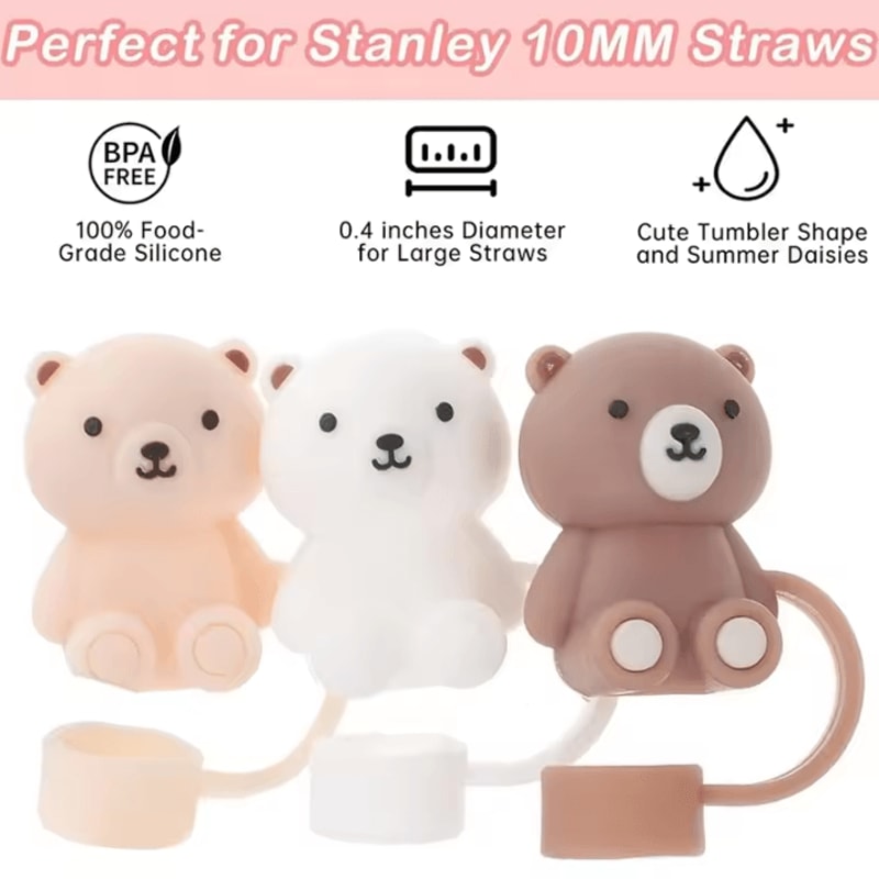 Cute Teddy Bear Silicone Straw Cover For Stanley Cup 10mm Reusable DustProof Straw Topper 1