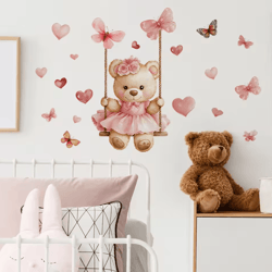 cute bear swing wall stickers with butterflies – peel & stick kids room decor decals