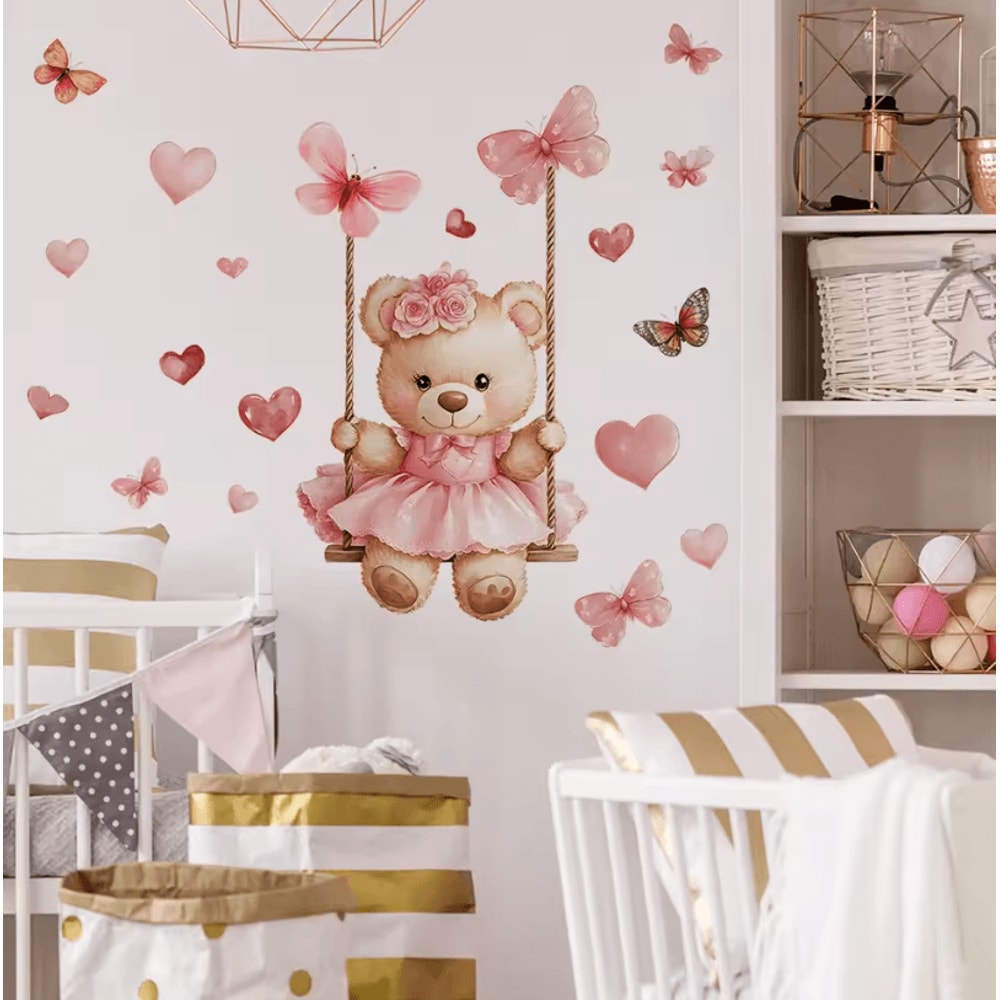 Cute Bear Swing Wall Stickers With Butterflies Peel Stick Kids Room Decor Decals 3