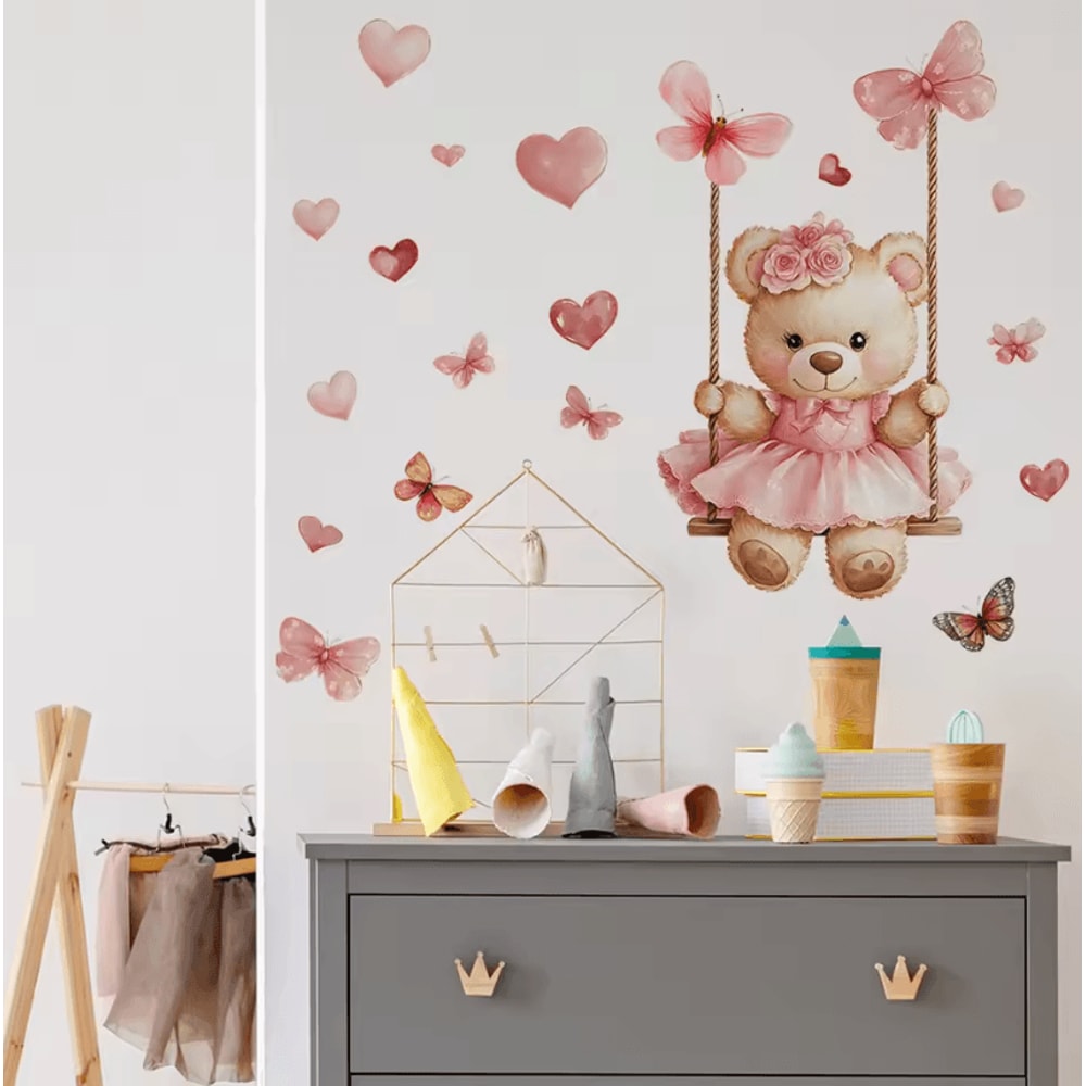 Cute Bear Swing Wall Stickers With Butterflies Peel Stick Kids Room Decor Decals 4