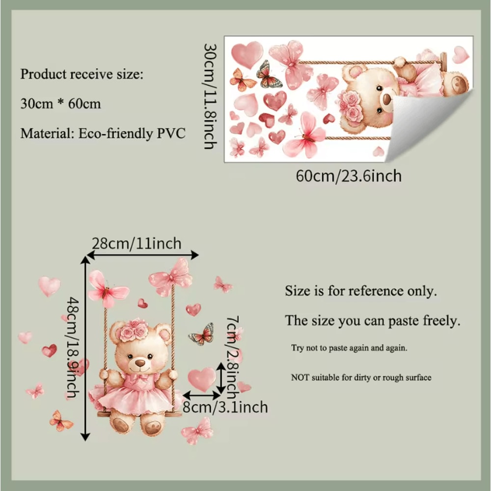 Cute Bear Swing Wall Stickers With Butterflies Peel Stick Kids Room Decor Decals 5