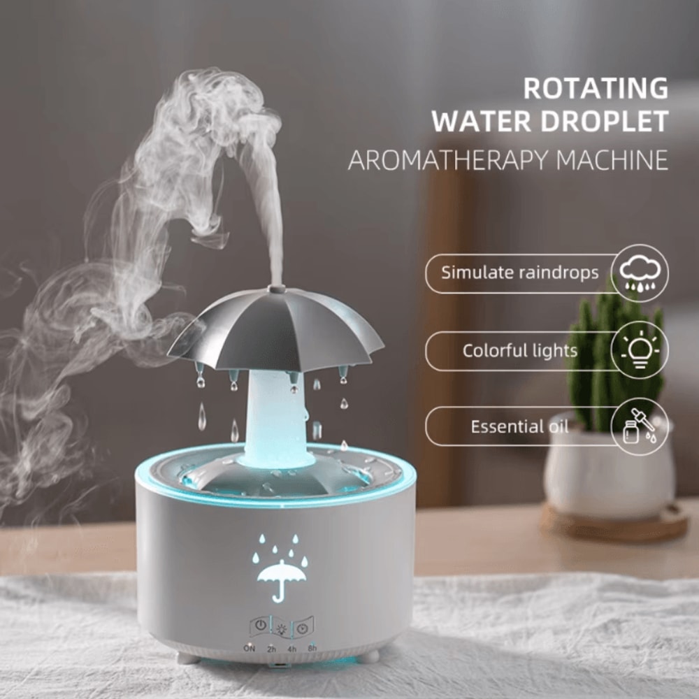 Rotating Umbrella Raindrop Humidifier Ultrasonic Aroma Diffuser With Colorful Lights Quiet Mist 1