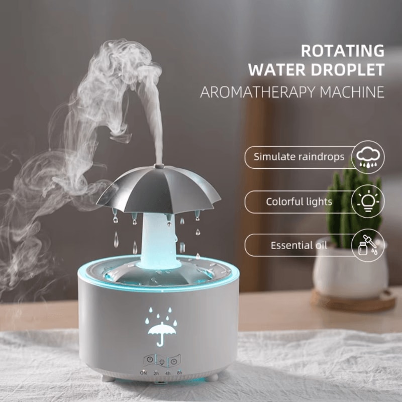Rotating Umbrella Raindrop Humidifier Ultrasonic Aroma Diffuser With Colorful Lights Quiet Mist 1