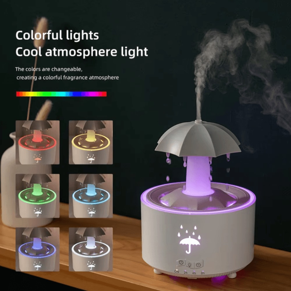 Rotating Umbrella Raindrop Humidifier Ultrasonic Aroma Diffuser With Colorful Lights Quiet Mist 5