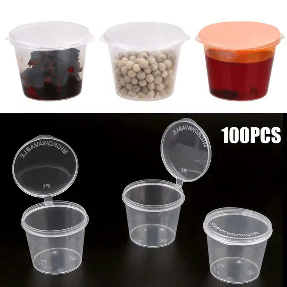 100PCS Disposable Sauce Cups With Lids Clear Plastic Portion Cups For Condiments Food Storage 0