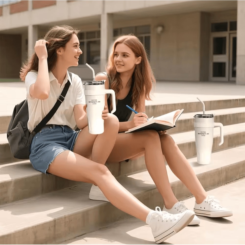 38oz Stainless Steel Insulated Tumbler With Handle Straw Large Capacity Vacuum Travel Cup 1