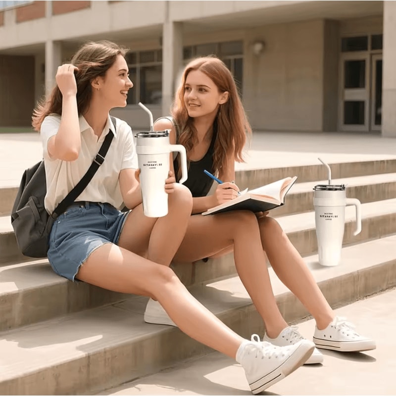 38oz Stainless Steel Insulated Tumbler With Handle Straw Large Capacity Vacuum Travel Cup 1