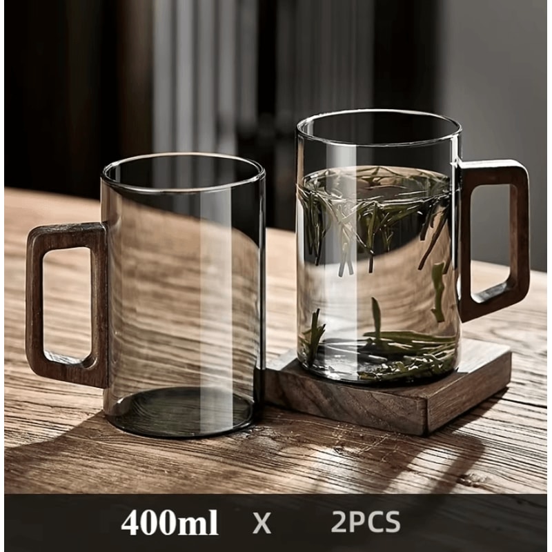 400ml HeatResistant Glass Tea Cup With Walnut Handle Elegant Coffee Office Drinking Mug 0