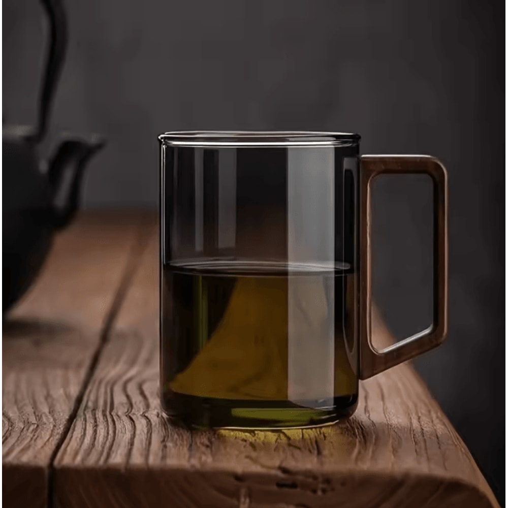 400ml HeatResistant Glass Tea Cup With Walnut Handle Elegant Coffee Office Drinking Mug 1