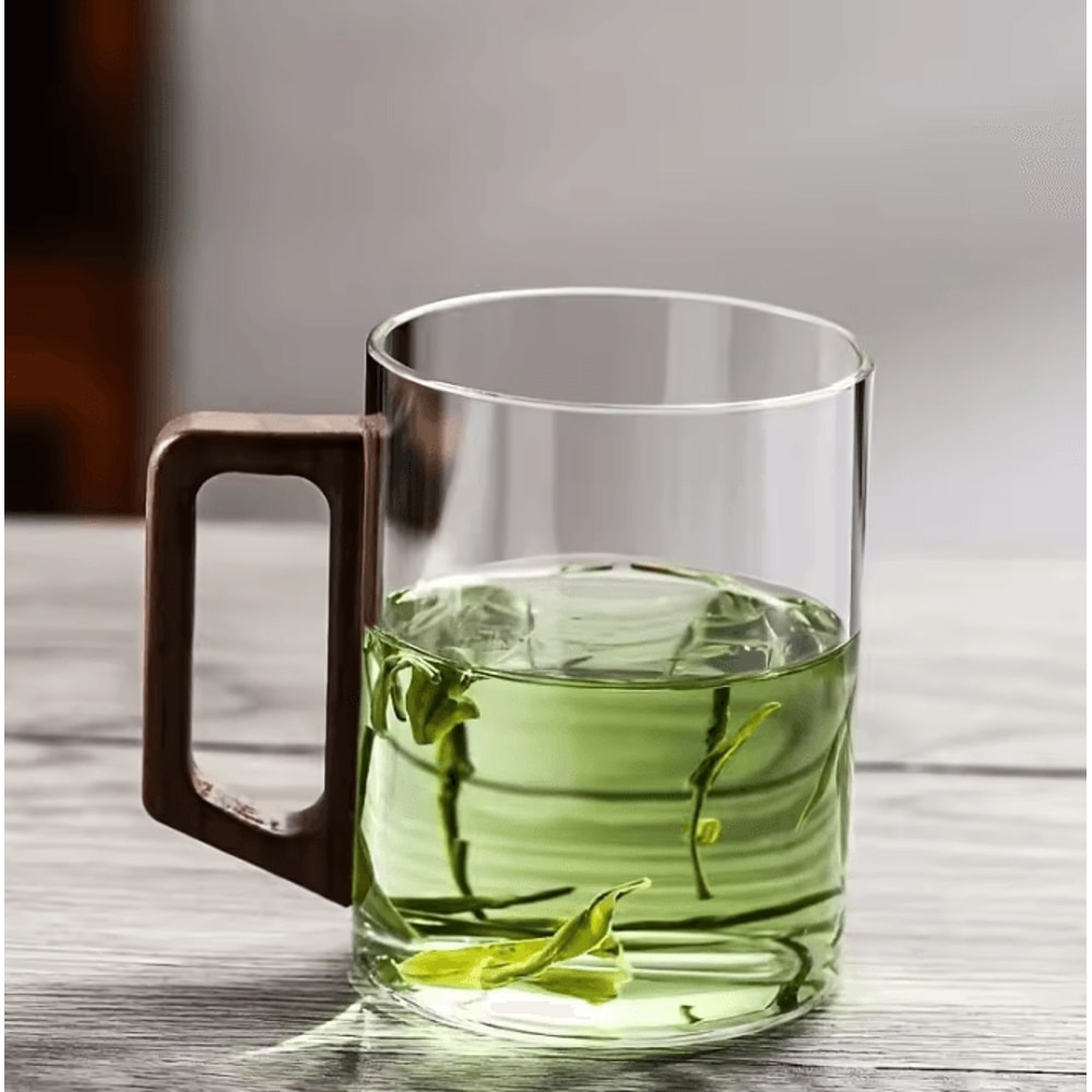 400ml HeatResistant Glass Tea Cup With Walnut Handle Elegant Coffee Office Drinking Mug 6