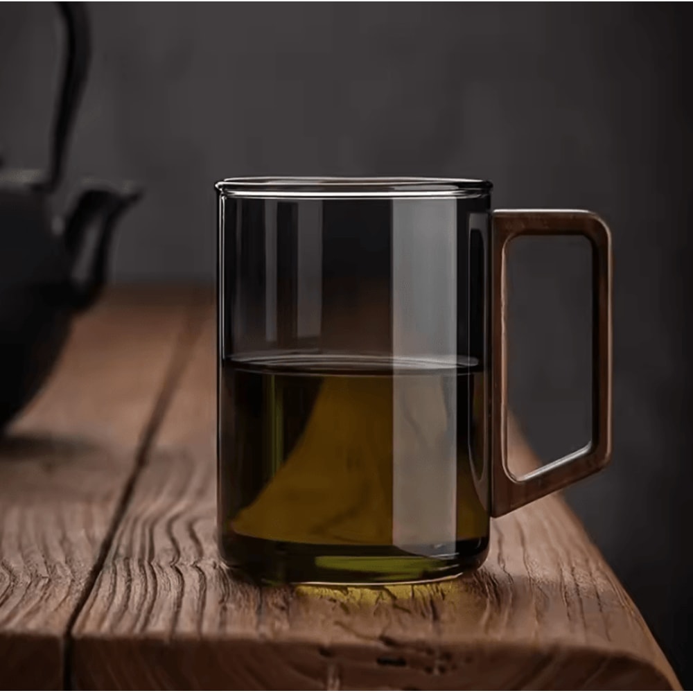 400ml HeatResistant Glass Tea Cup With Walnut Handle Elegant Coffee Office Drinking Mug 5