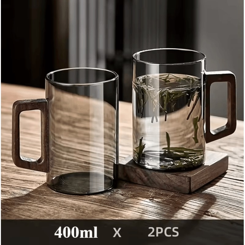 400ml HeatResistant Glass Tea Cup With Walnut Handle Elegant Coffee Office Drinking Mug 7