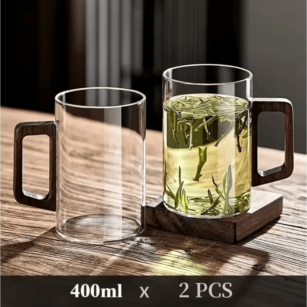 400ml HeatResistant Glass Tea Cup With Walnut Handle Elegant Coffee Office Drinking Mug 8