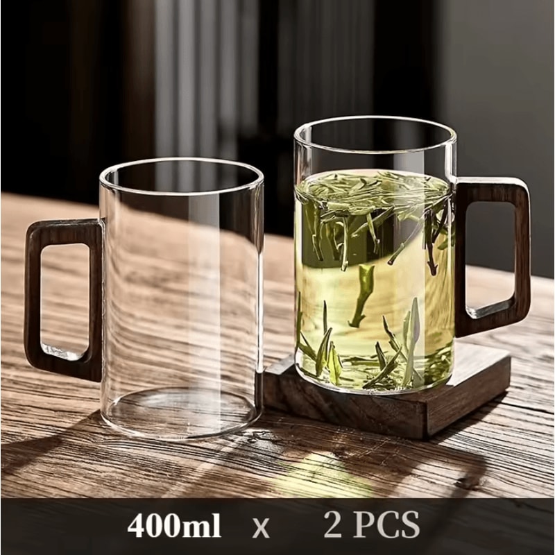 400ml HeatResistant Glass Tea Cup With Walnut Handle Elegant Coffee Office Drinking Mug 8