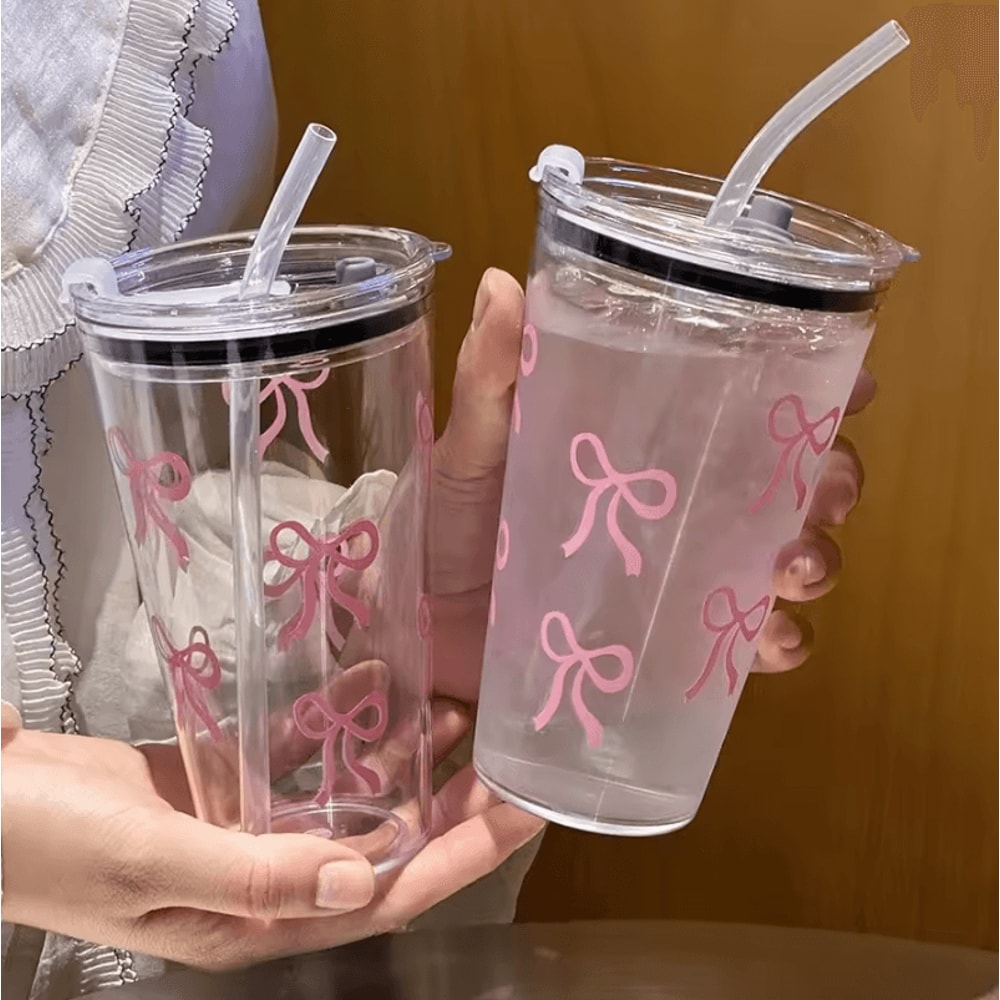 Cute Pink Bow Straw Cup 500ml Leakproof Transparent Travel Tumbler For Coffee Water 0