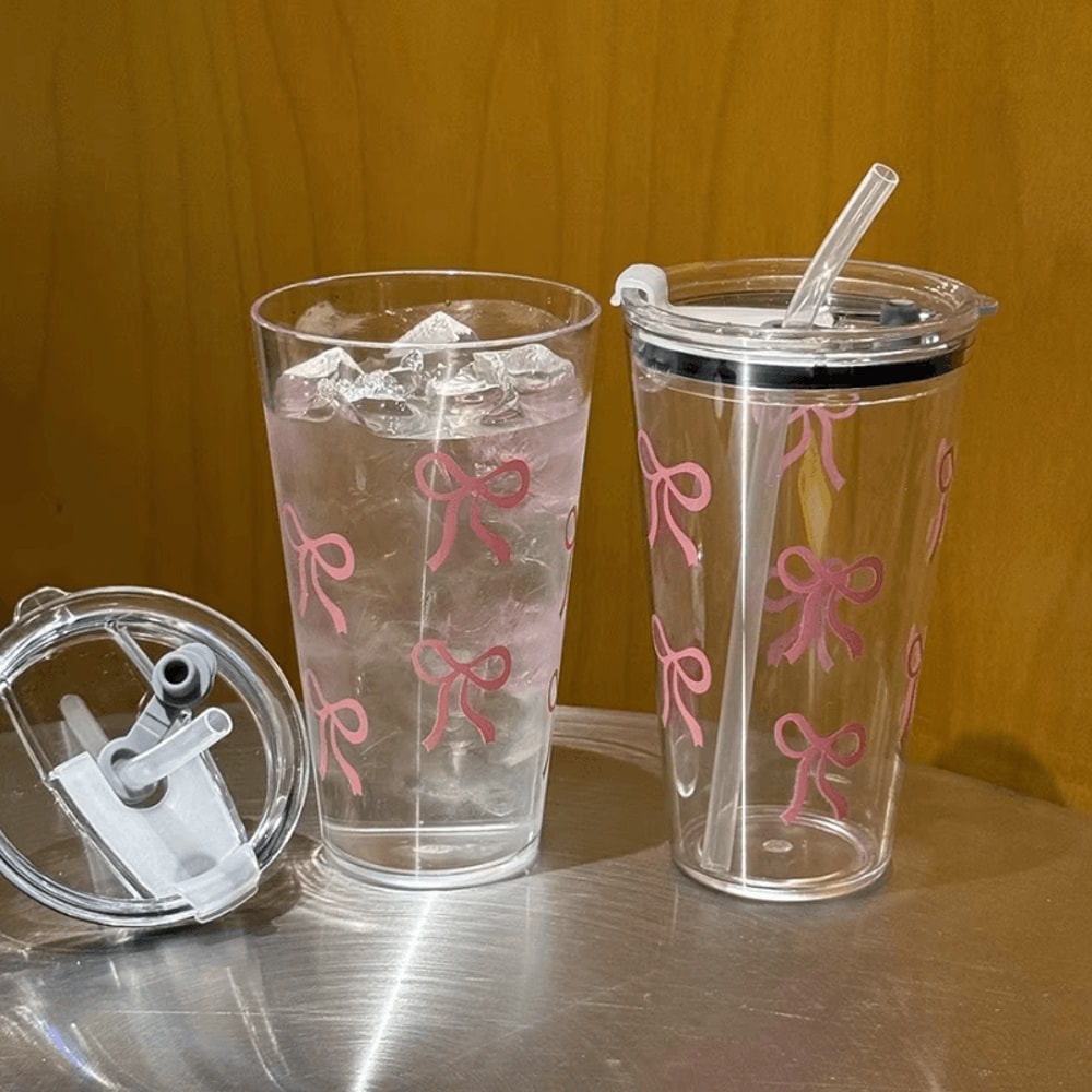 Cute Pink Bow Straw Cup 500ml Leakproof Transparent Travel Tumbler For Coffee Water 1
