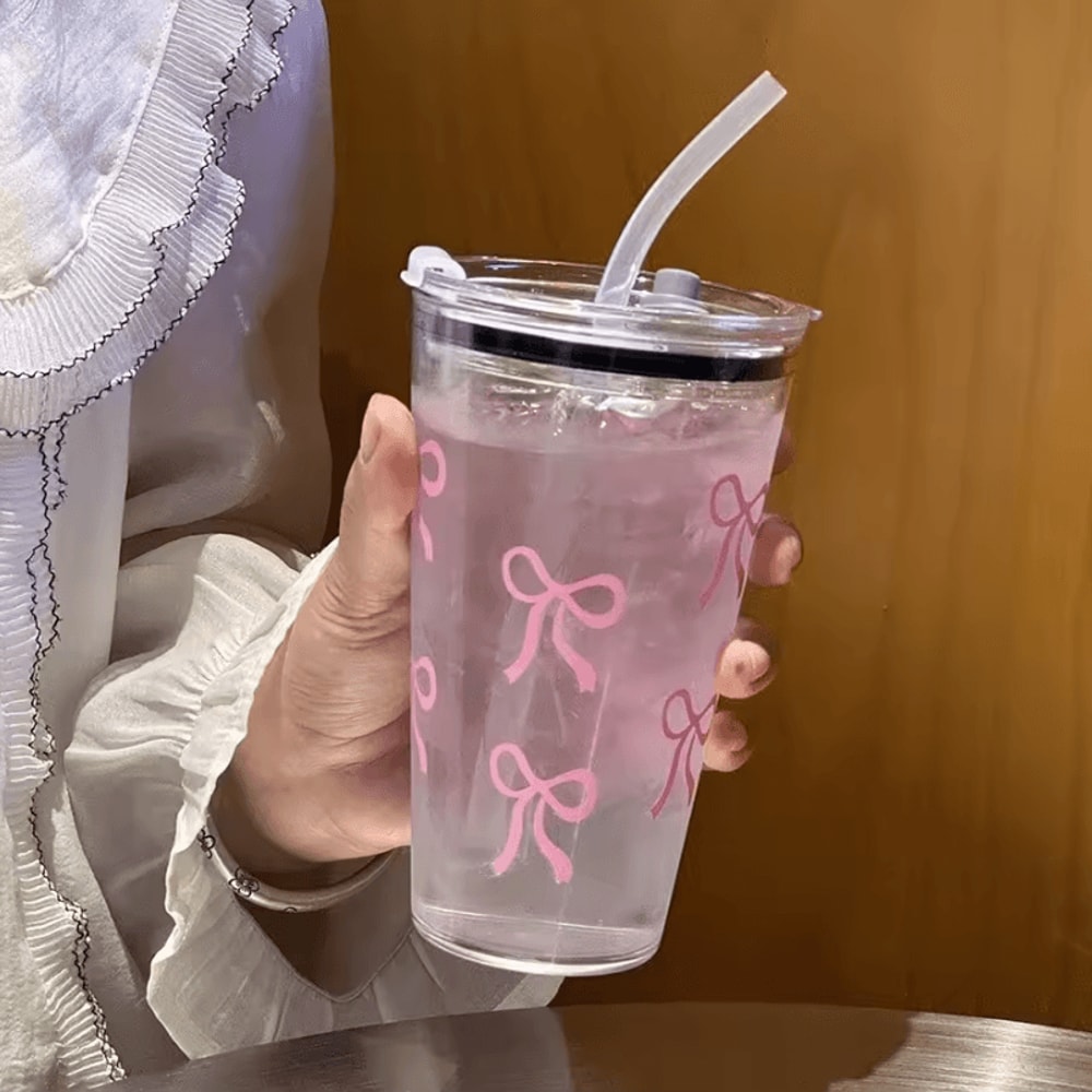 Cute Pink Bow Straw Cup 500ml Leakproof Transparent Travel Tumbler For Coffee Water 4