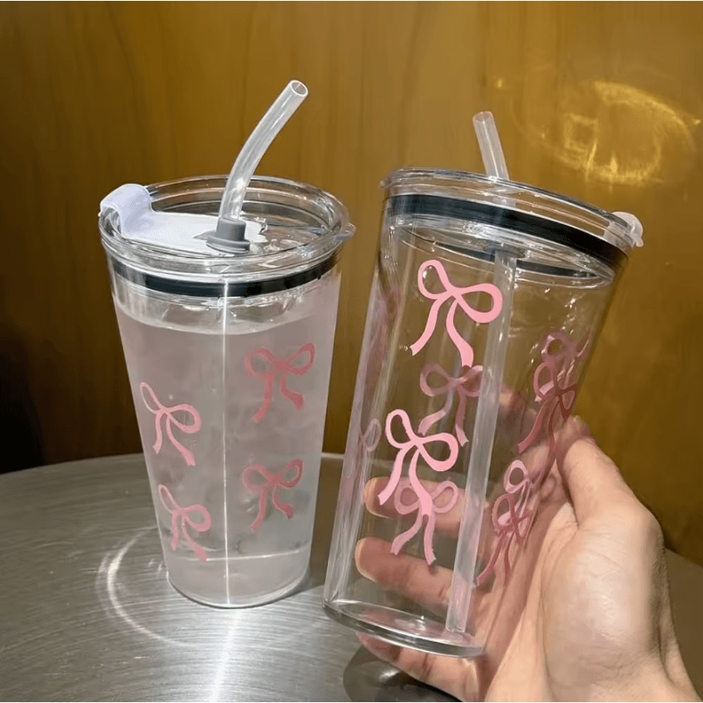 Cute Pink Bow Straw Cup 500ml Leakproof Transparent Travel Tumbler For Coffee Water 5