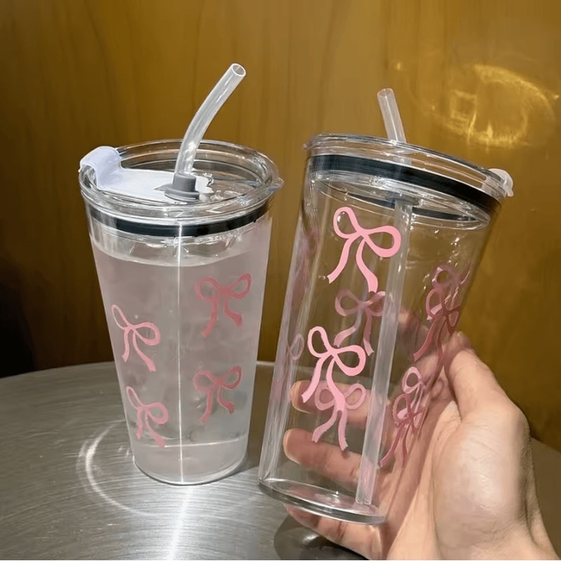 Cute Pink Bow Straw Cup 500ml Leakproof Transparent Travel Tumbler For Coffee Water 5