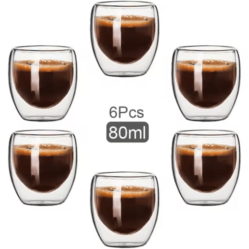 6Piece Double Wall Glass Espresso Cups 80ml Insulated Clear Coffee Tea Tasting Set 5