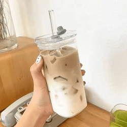 square heat-resistant glass cup with lid & straw – 400ml transparent coffee & juice tumbler