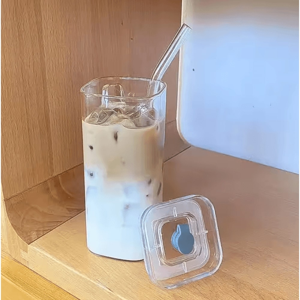 Square HeatResistant Glass Cup With Lid Straw 400ml Transparent Coffee Juice Tumbler 2