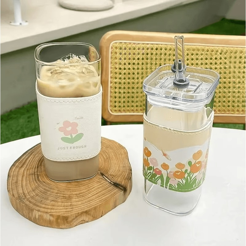 Square HeatResistant Glass Cup With Lid Straw 400ml Transparent Coffee Juice Tumbler 3