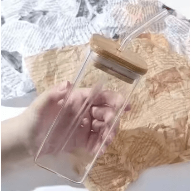 Square HeatResistant Glass Cup With Lid Straw 400ml Transparent Coffee Juice Tumbler 7