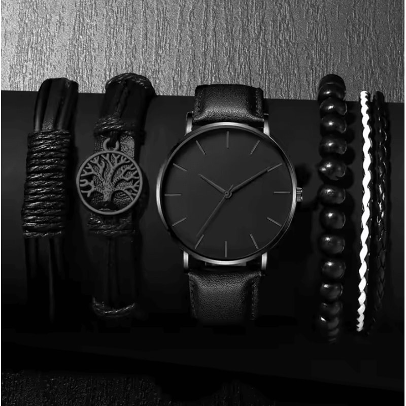 5PCS Set Fashion Mens Sports Watches Man Business Quartz Wristwatch Luxury Leather Bracelet Men Cas 0
